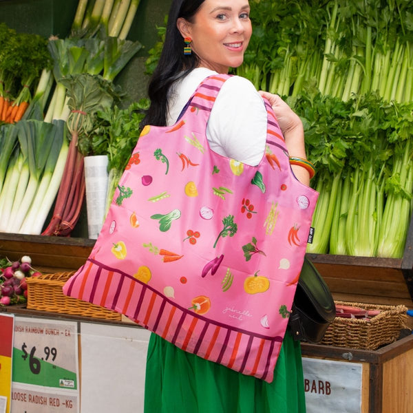 Pink Harvest Stripe Reusable Shopper Bag Over Shoulder