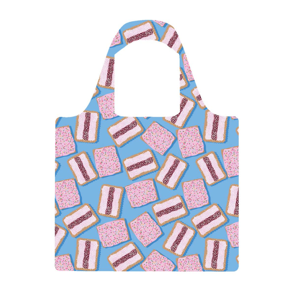 Apron with a pattern of pink and white cookies on a blue background