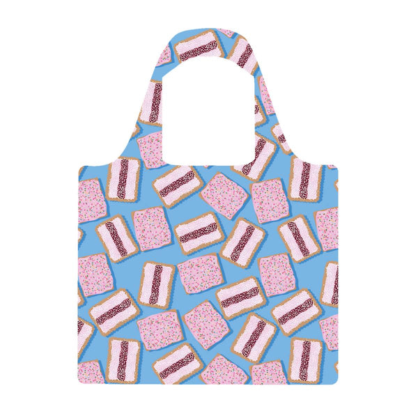 Apron with a pattern of pink and white cookies on a blue background