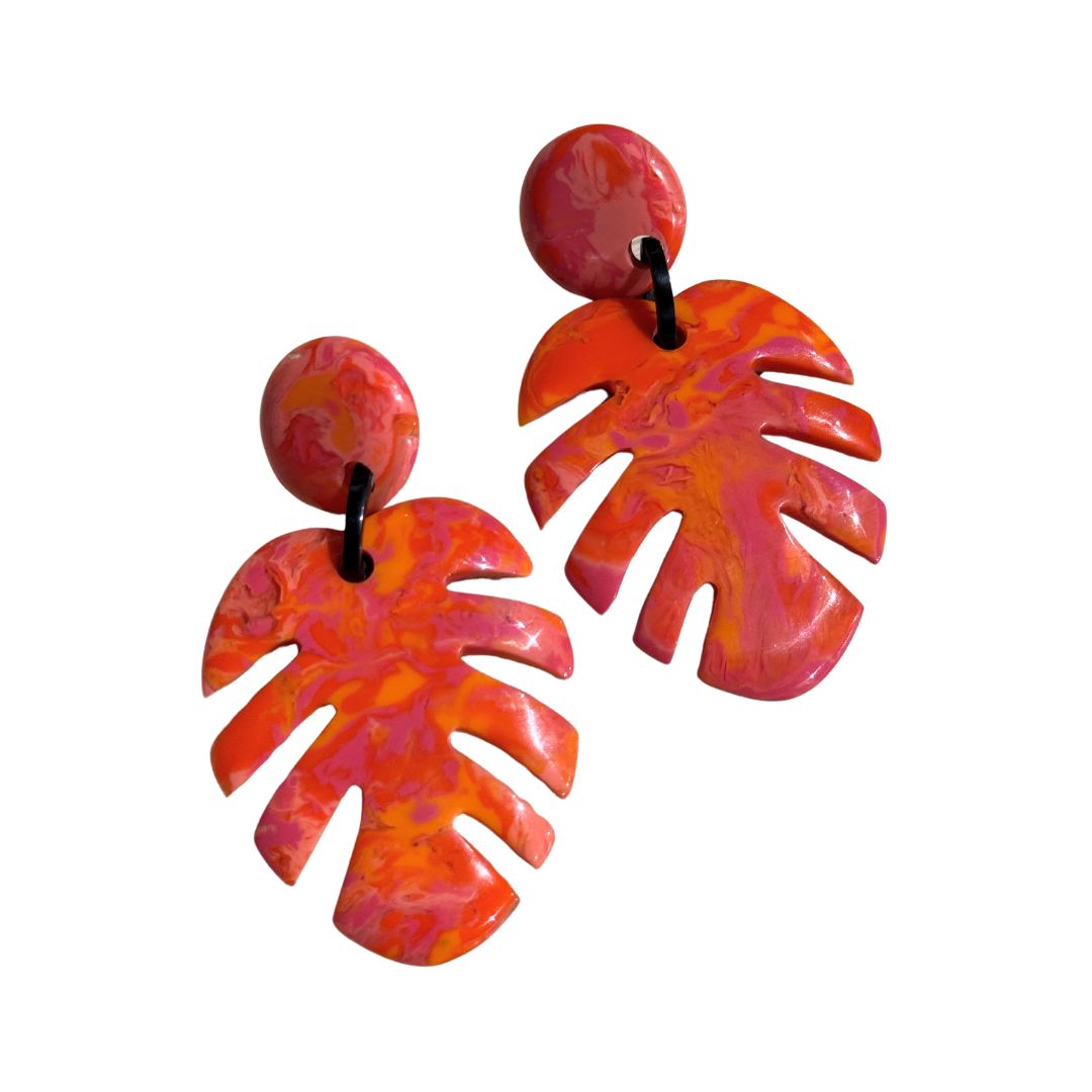 Artisan Monstera Earrings - Pink Mix