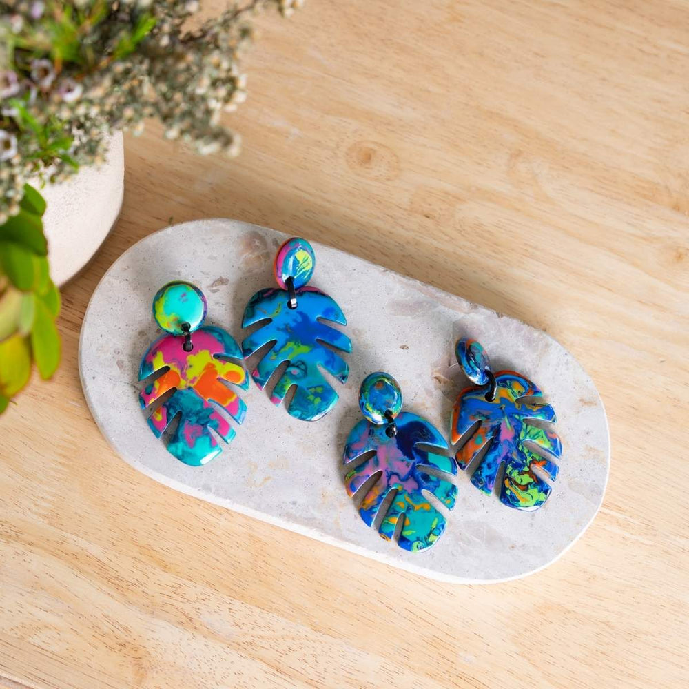 Artisan Monstera Earrings - Blue Mix