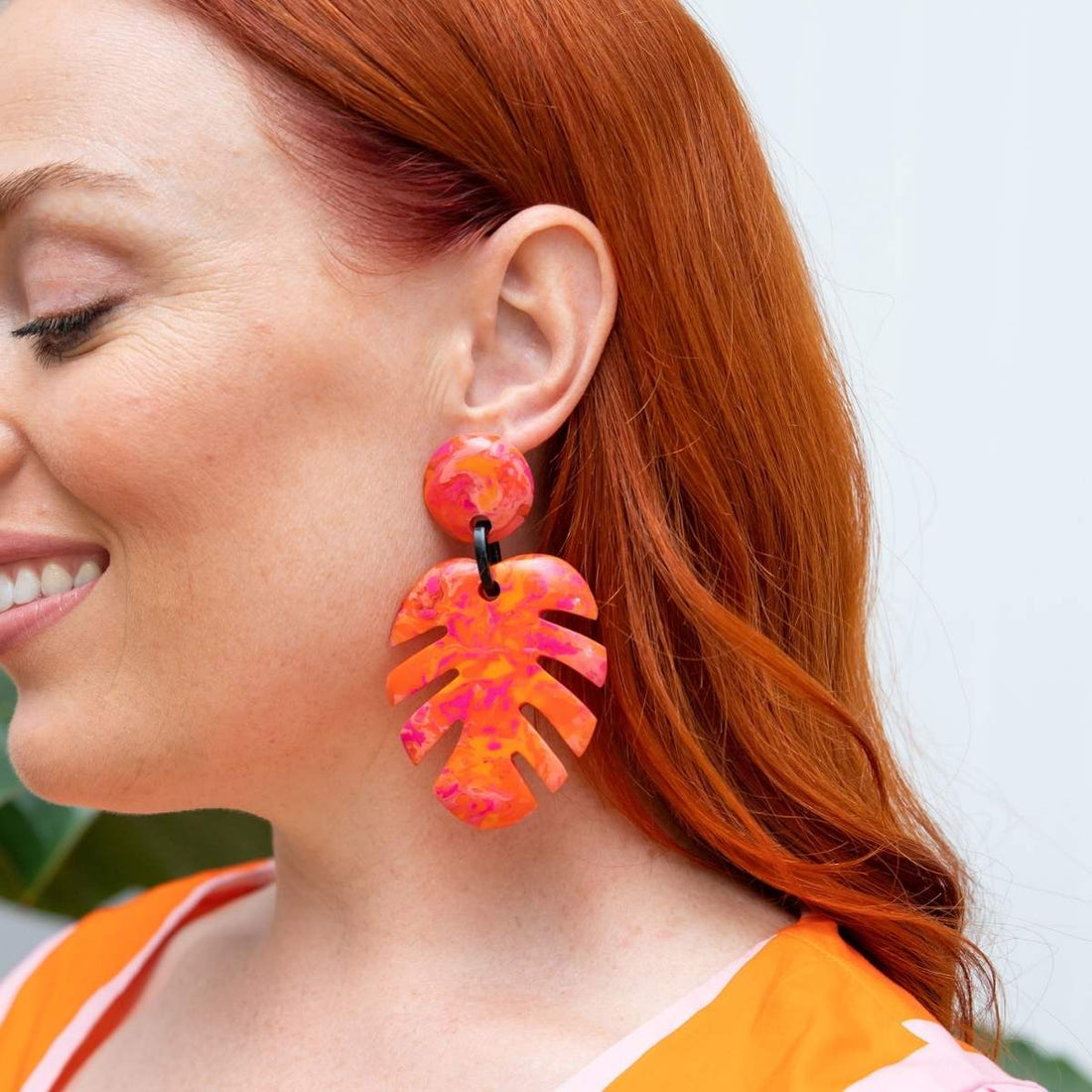 Artisan Monstera Earrings - Pink Mix