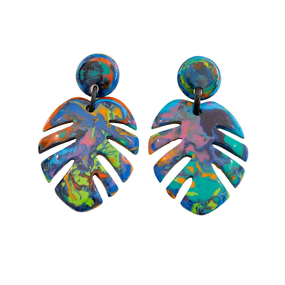 Artisan Monstera Earrings - Blue Mix