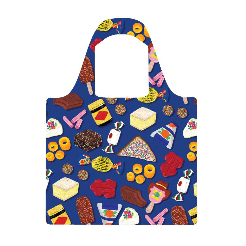 Tote bag with colourful Australian Favourites dessert pattern on a blue background