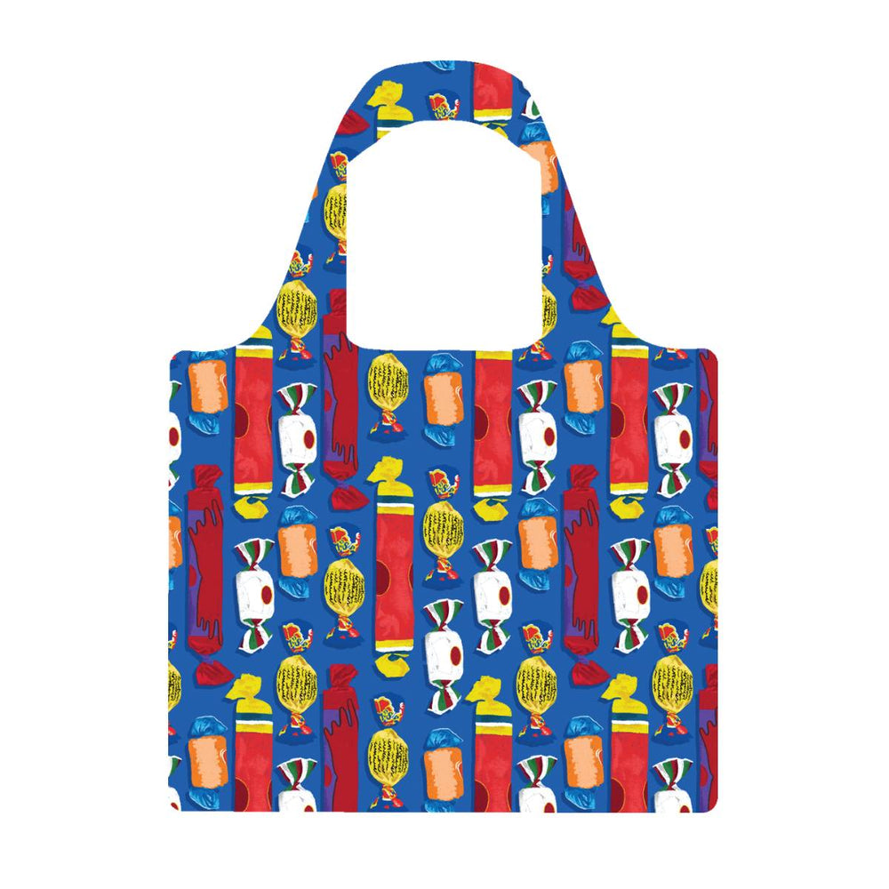 Colorful tote bag with candy-themed design on a white background