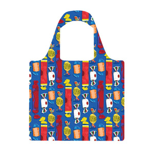 Colorful tote bag with candy-themed design on a white background