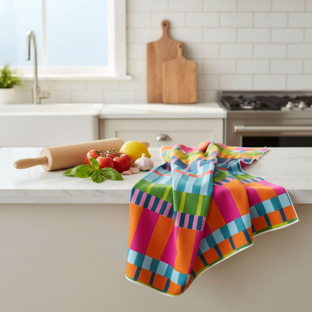 Colorful striped towel on a white background