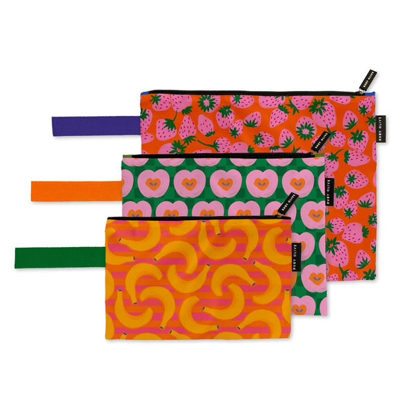 Set of colorful patterned pouches on a white background
