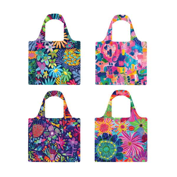 Four colorful floral-patterned bags on a white background