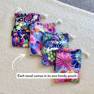 Our Ruby Olive Quick Dry Small Microfibre Towels come in a handy pouch