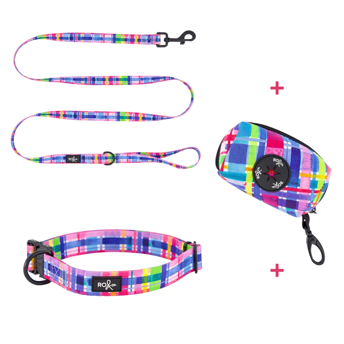 Matching Dog Collar &amp; Lead Bundle - Lordy Dordie Rainbow Gingham