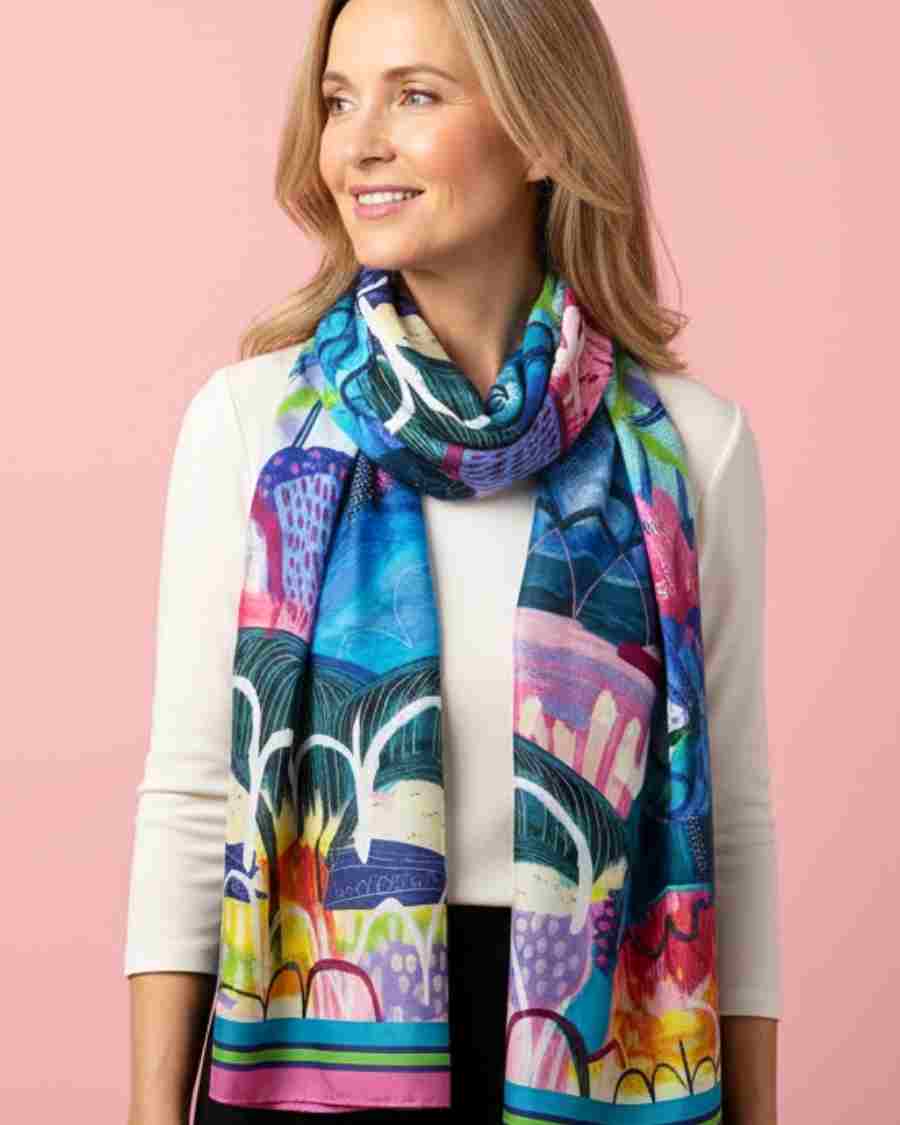 Woman wearing a colorful scarf with a pink background