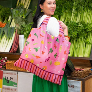 Pink Harvest Stripe Reusable Shopper Bag Over Shoulder