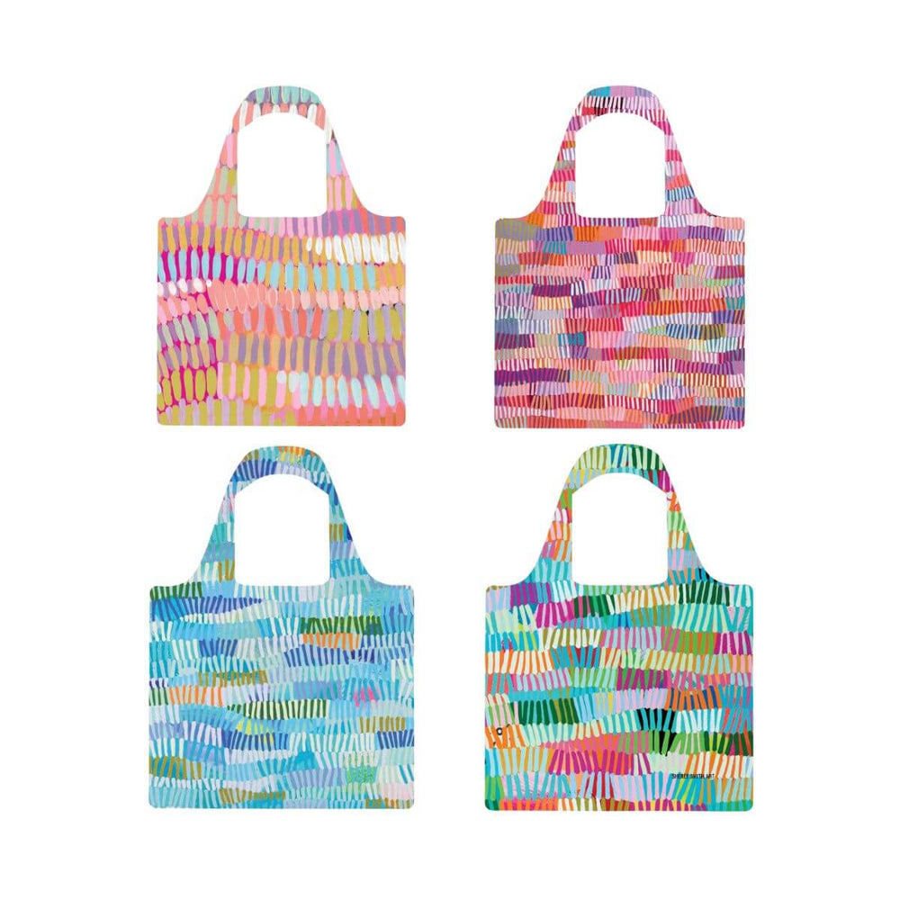 Four colorful patterned bags on a white background