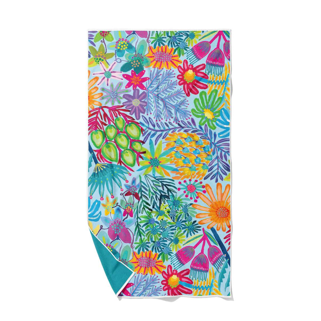 Colorful floral towel with a white background
