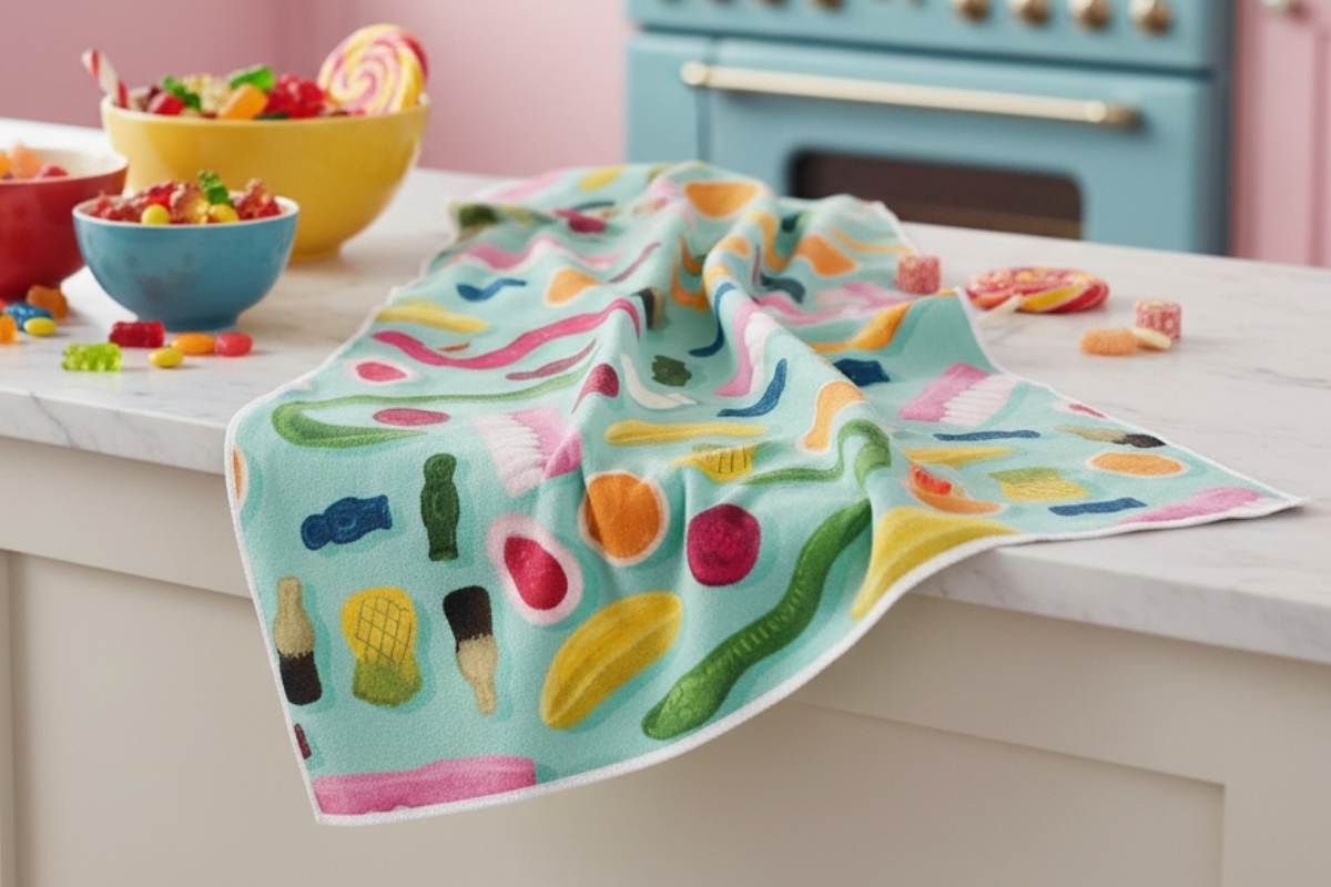 Colorful towel with candy-themed design on a kitchen counter