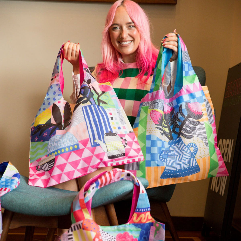 Neon Tea Party Shopping Bag and Pouch Trio Bundle - Ruby Olive