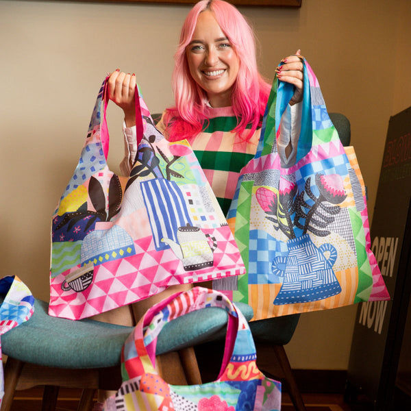 Neon Tea Party Shopping Bag and Pouch Trio Bundle - Ruby Olive