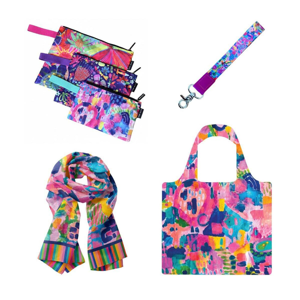 Rainbow Fields Bundle | Shopping Bag, Pouch Trio, Scarf & Wrist Lanyard - Bundle - Ruby Olive