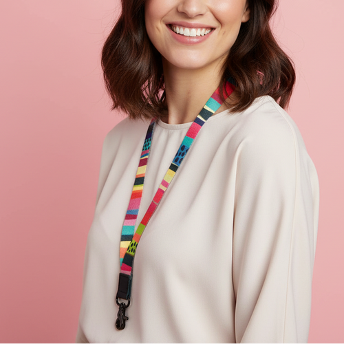Rainbow Stripe Lanyard - Brunette Model Hero Shot