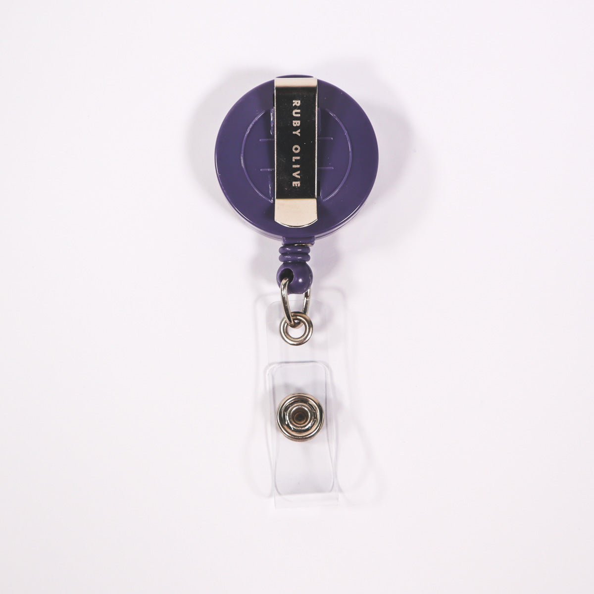 Purple badge reel backing on a white background. 