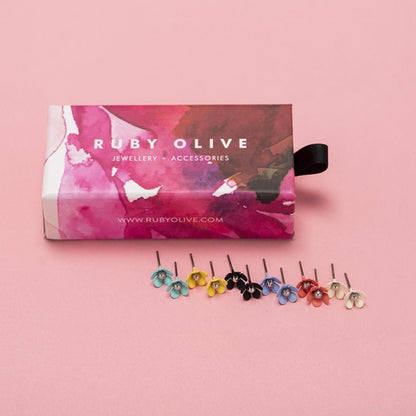 Mini Bloom Studs Gift Box Ruby Olive Jewellery