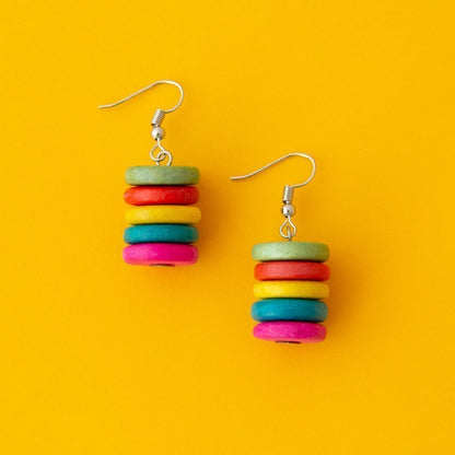 Multi coloured rainbow stacked cylinder drop earrings.