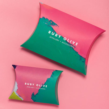 Bright and colourful Ruby Olive packaging pouch for jewellery.