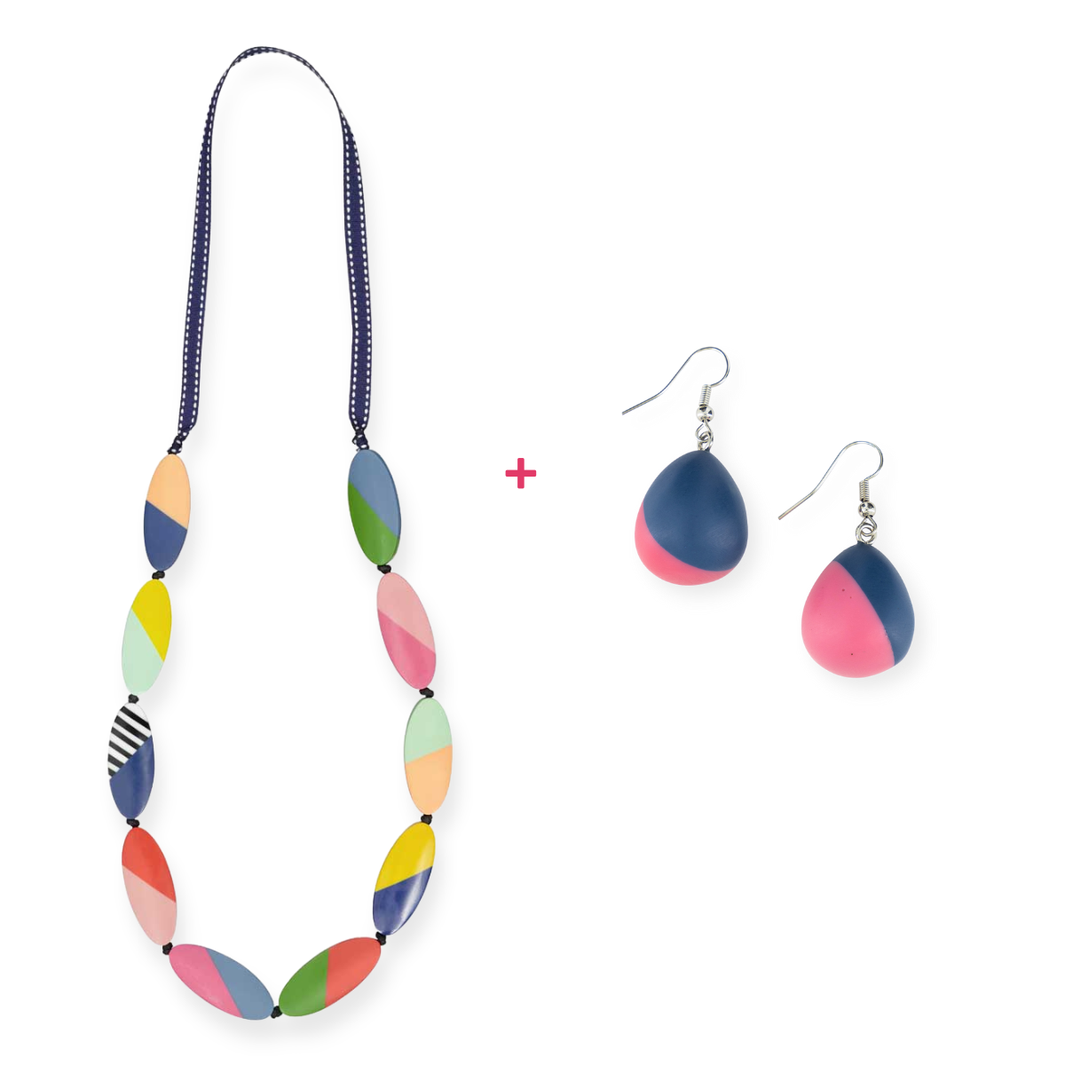 Tea Party Abstract Necklace + Two Tone Drop Earrings Bundle