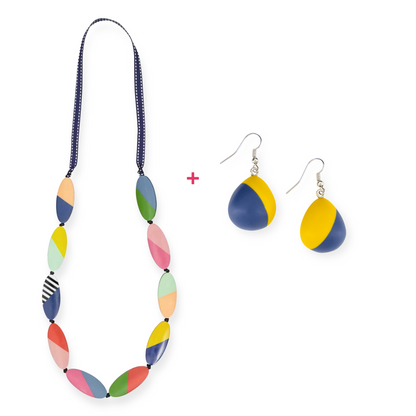 Tea Party Abstract Necklace + Two Tone Drop Earrings Bundle